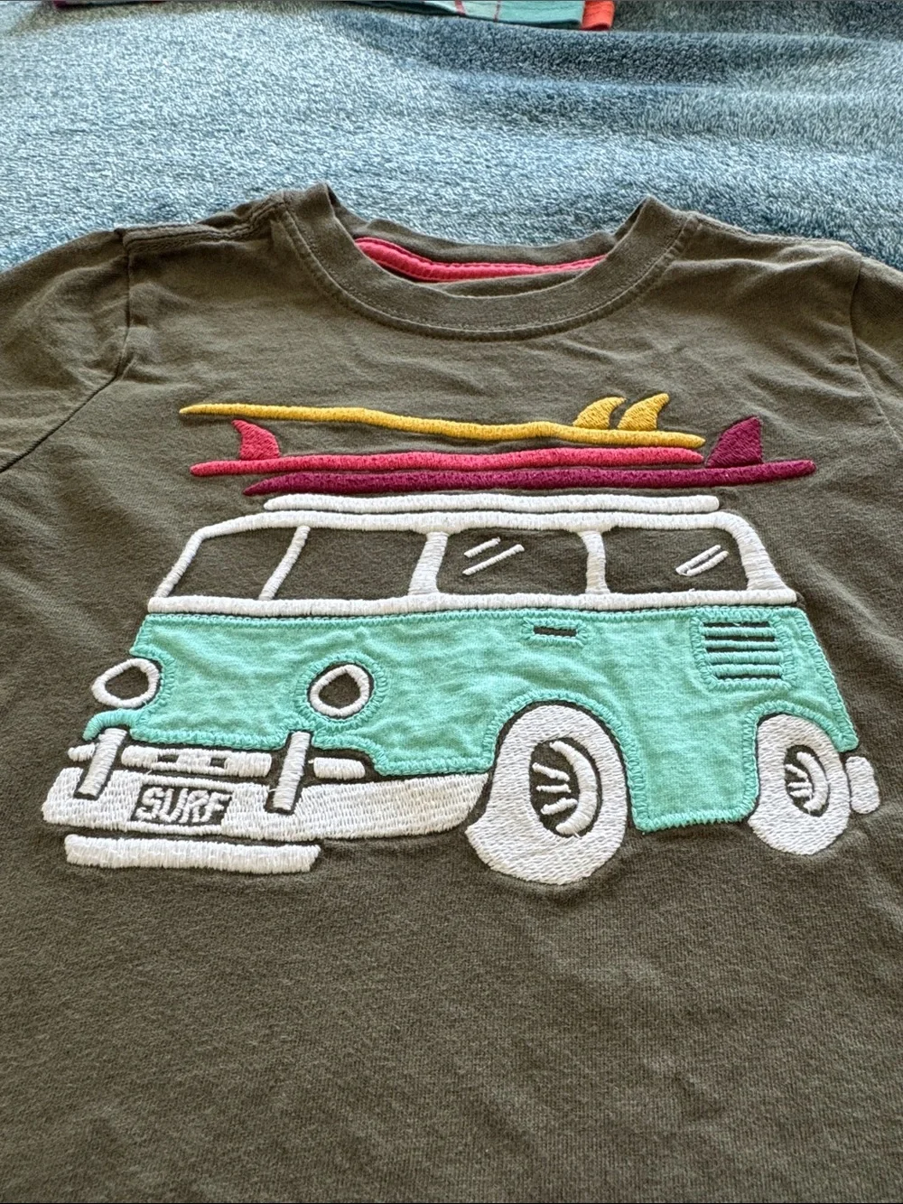Gymboree Olive Tee with Teal Surf Van and Red-Yellow Boards